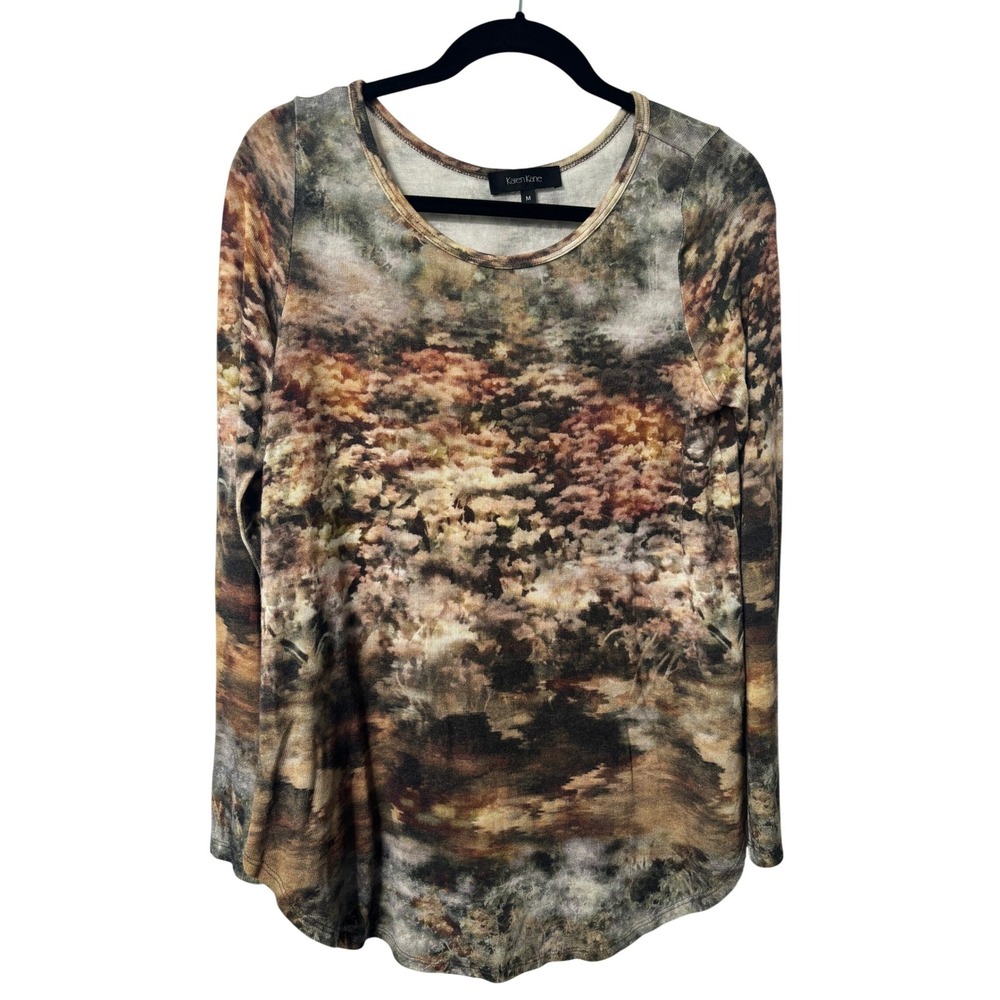 Y2K Karen Kane Womens Abstract Landscape Print Long Sleeve Scoop Neck Brown M